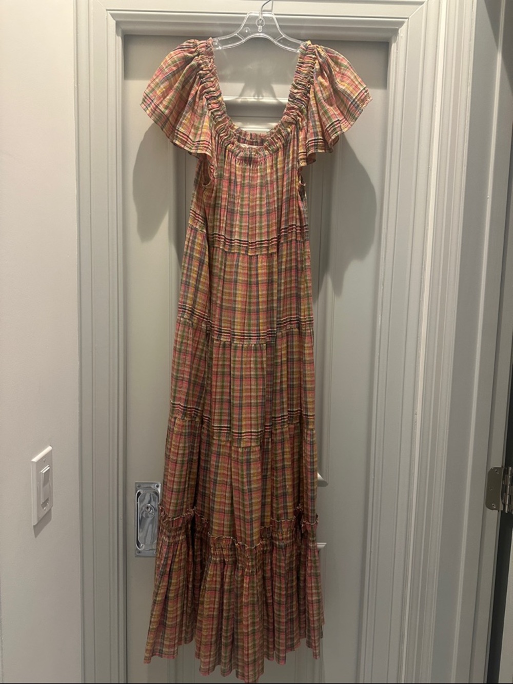The Great Pink Plaid Tiered Ruffle Maxi Dress